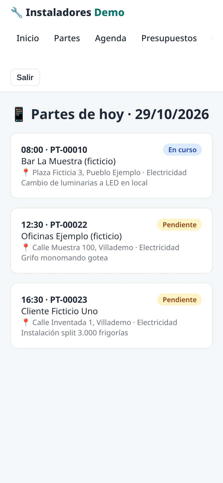 Vista móvil del técnico con sus partes de hoy