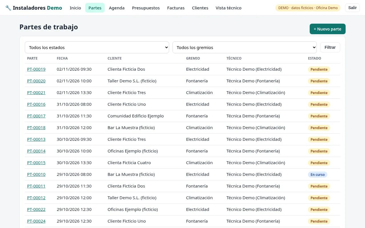 Listado de partes de trabajo con filtros